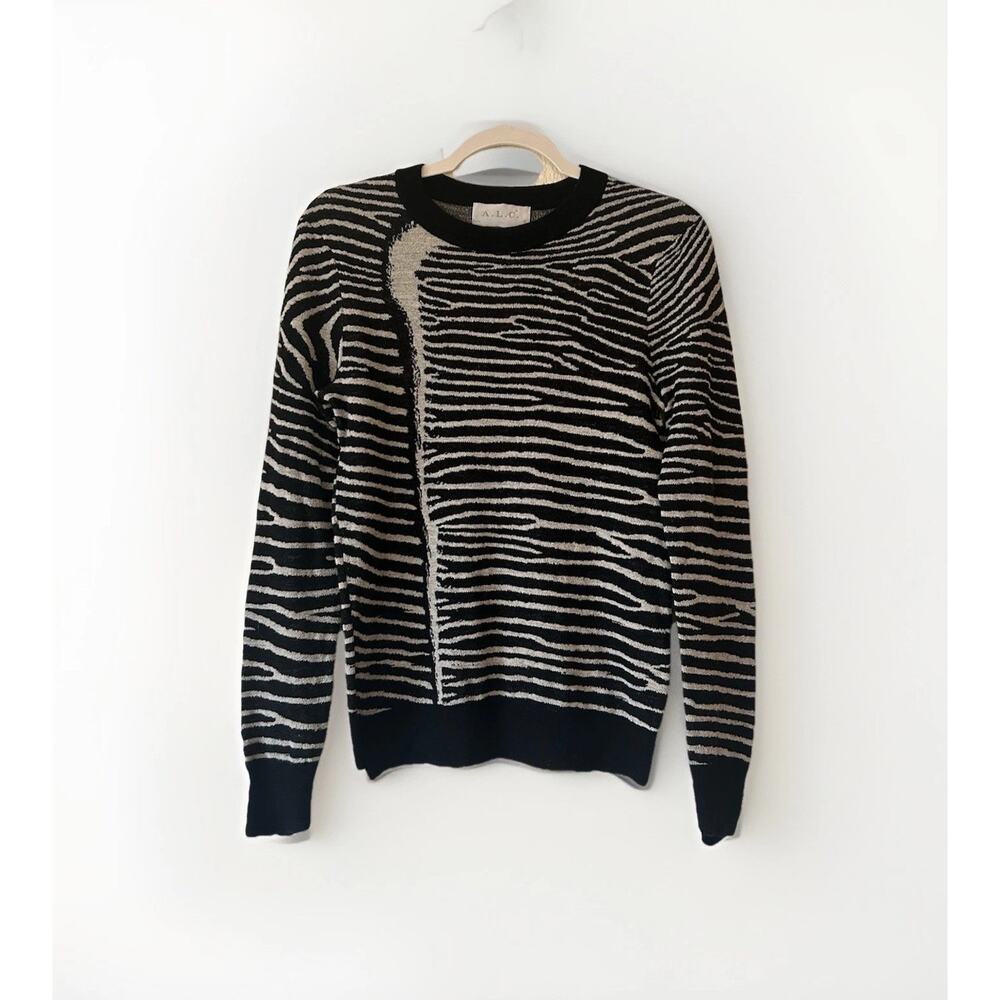 ALC Wool Animal Print Sweater Size XS Elevated Basics Zebra Black And Gray